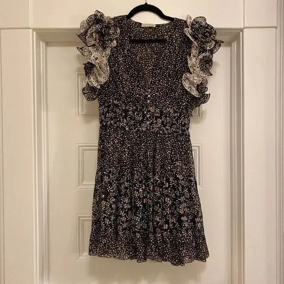 Ulla Johnson Ivy Silk Ruffle Sleeve Floral V-Neck Mini Dress